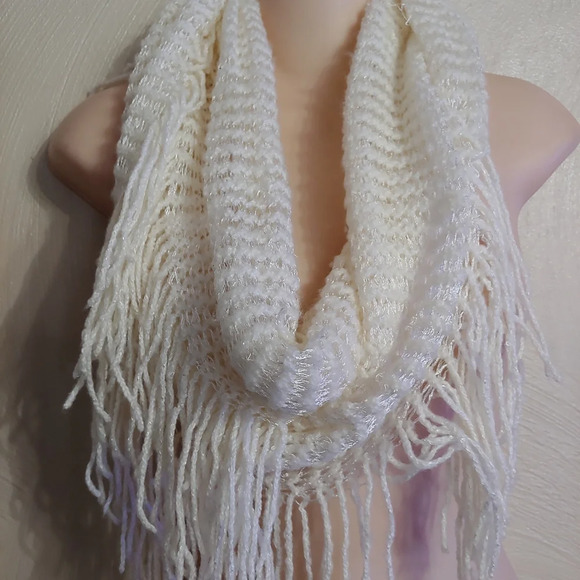 White Knit Infinity Scarf with Sequin Accents and Tasseled Ends - Picture 3 of 4